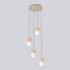 Hanglamp staal en hout Scandinavisch Loop beige, witte kappen, 4 lichts G9, verstelbare hoogte