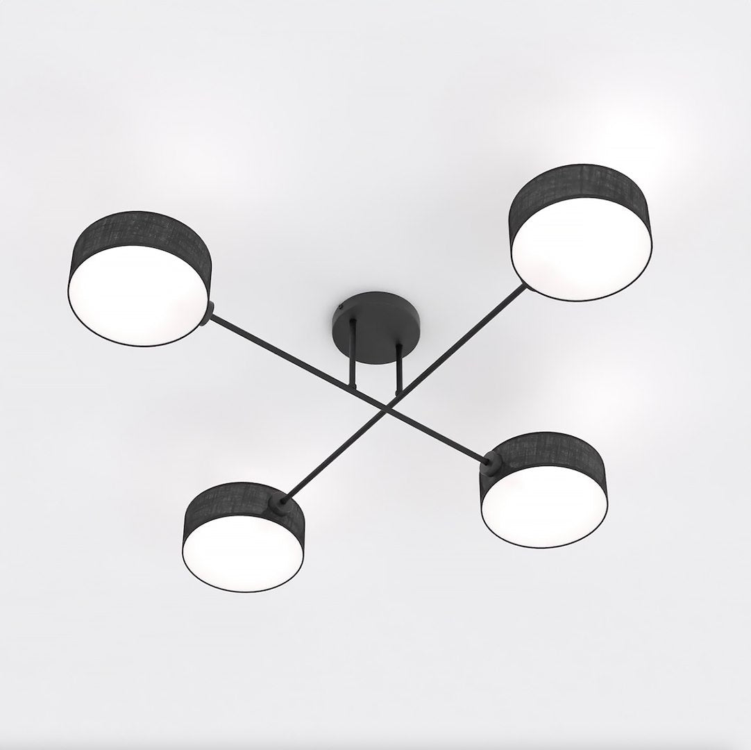 Plafondlamp staal Japandi Maga zwart met 4 geweven kappen, 96 x 96 cm, woonkamer, eetkamer en slaapkamer