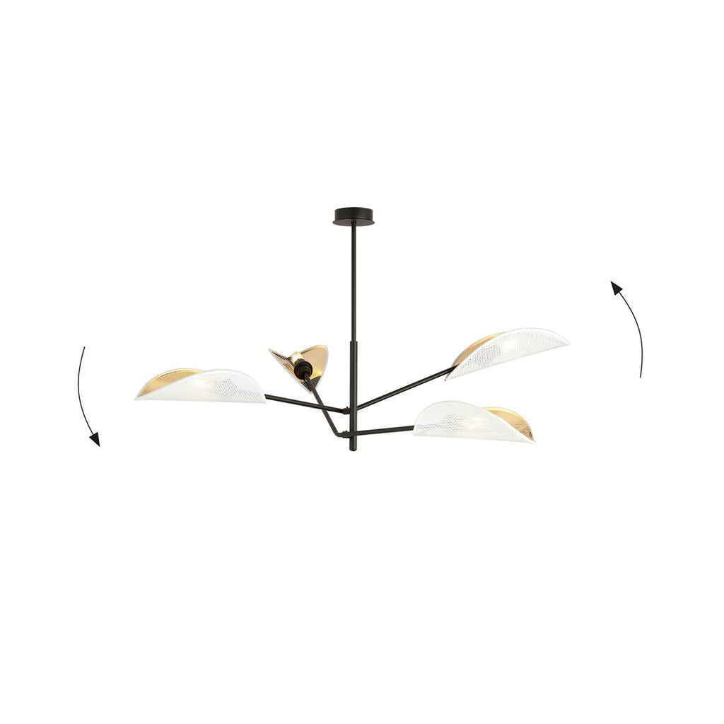 Plafondlamp gepoedercoat staal, modern, Vene zwart met wit en gouden kappen, 4 lichts, 102 x 51 cm, woonkamer en slaapkamer