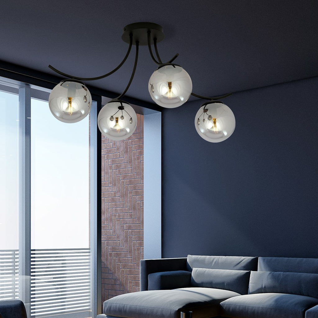 Plafondlamp gepoedercoat staal en glas Boston, zwart met grafiet glazen kappen, 4 lichts, 70 x 37 cm, E14