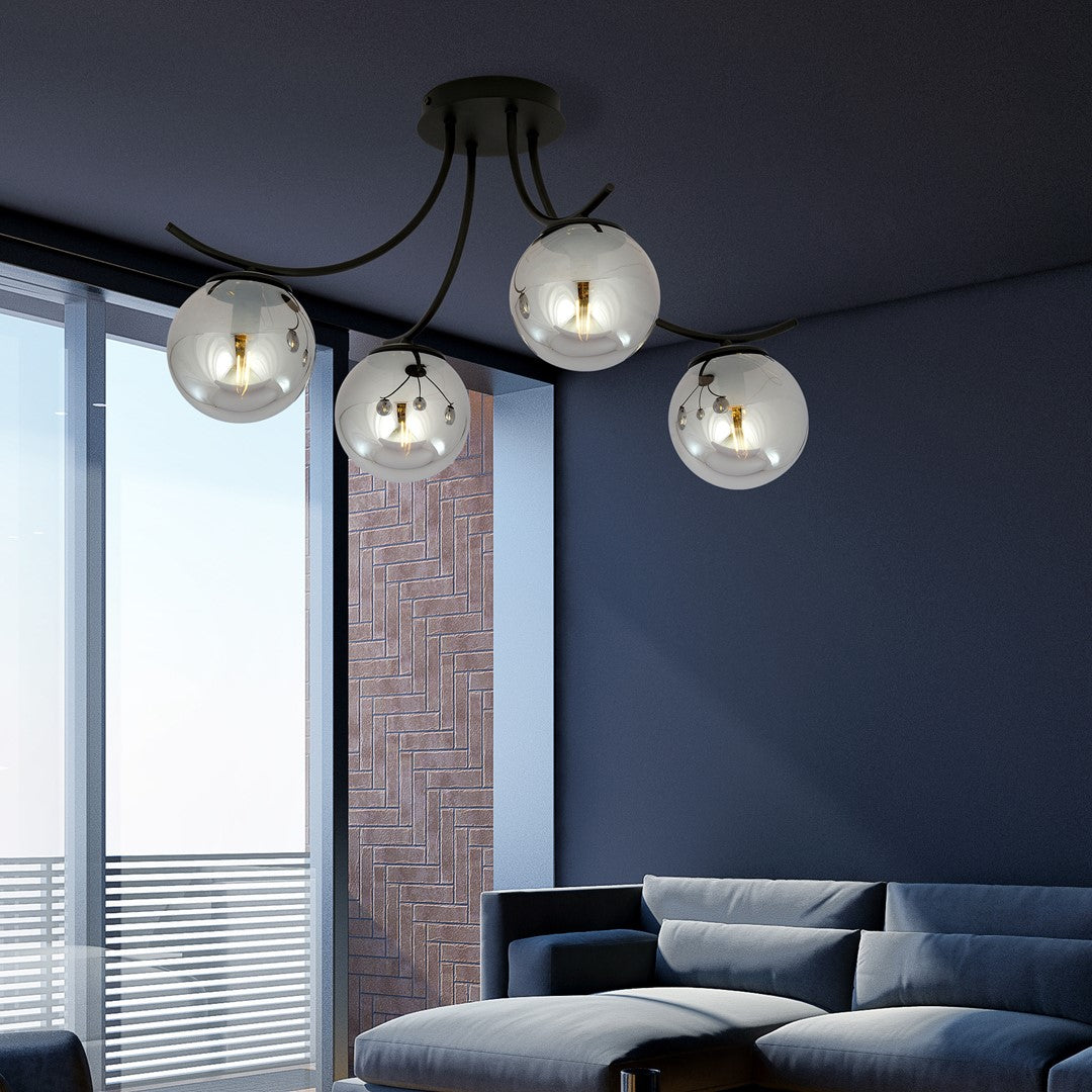Plafondlamp gepoedercoat staal en glas Boston, zwart met grafiet glazen kappen, 4 lichts, 70 x 37 cm, E14
