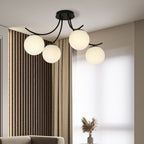 Plafondlamp gepoedercoat staal en glas Boston zwart, witte glazen kappen, 70 x 37 cm, 4 lichts E14