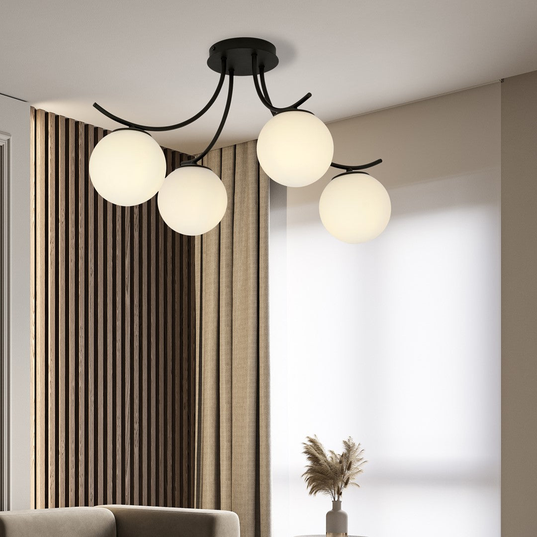 Plafondlamp gepoedercoat staal en glas Boston zwart, witte glazen kappen, 70 x 37 cm, 4 lichts E14