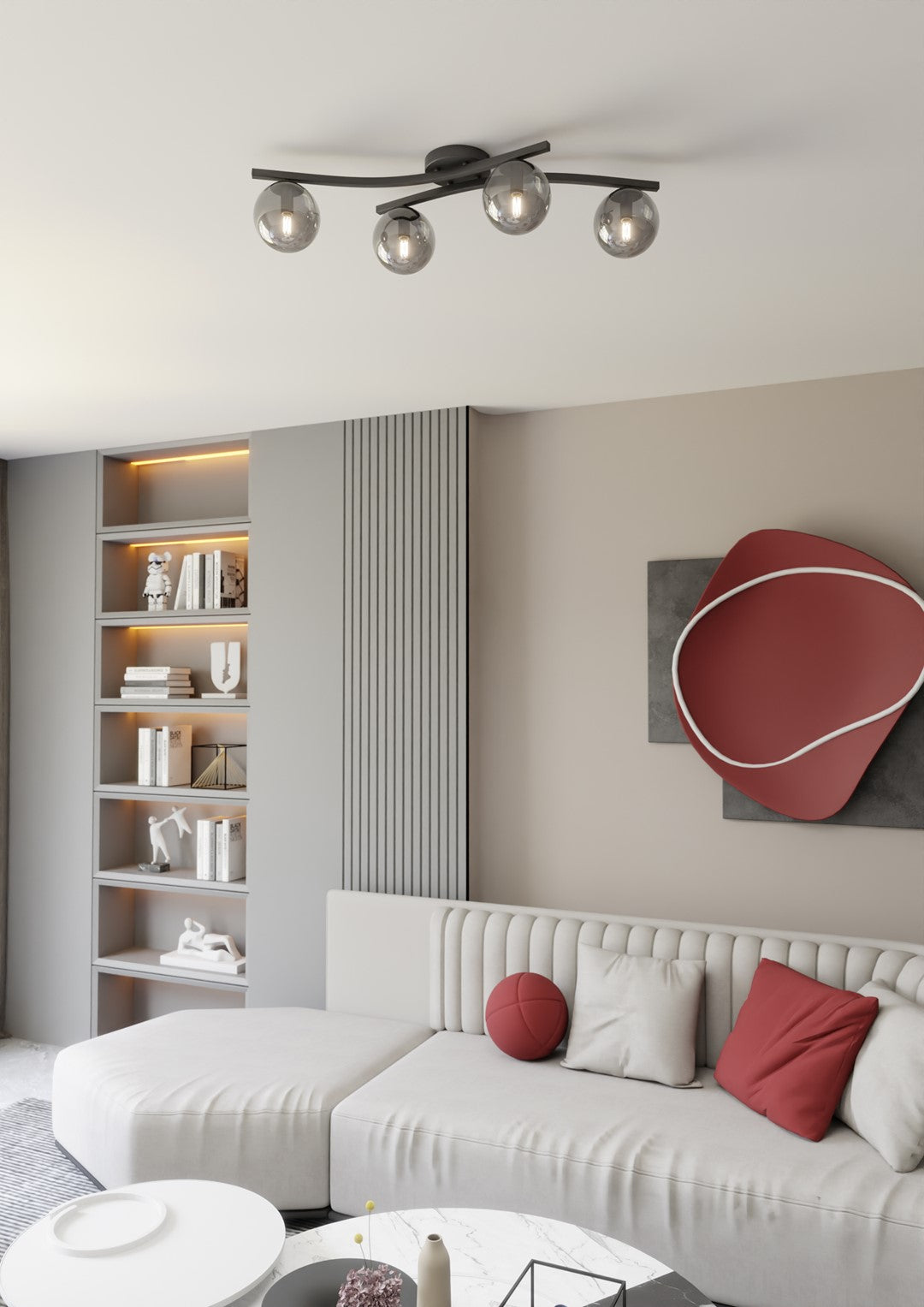 Plafondlamp gepoedercoat staal en glas Opus, zwart met grafiet glazen kappen, 4 lichts, 60 cm breed, woonkamer en slaapkamer