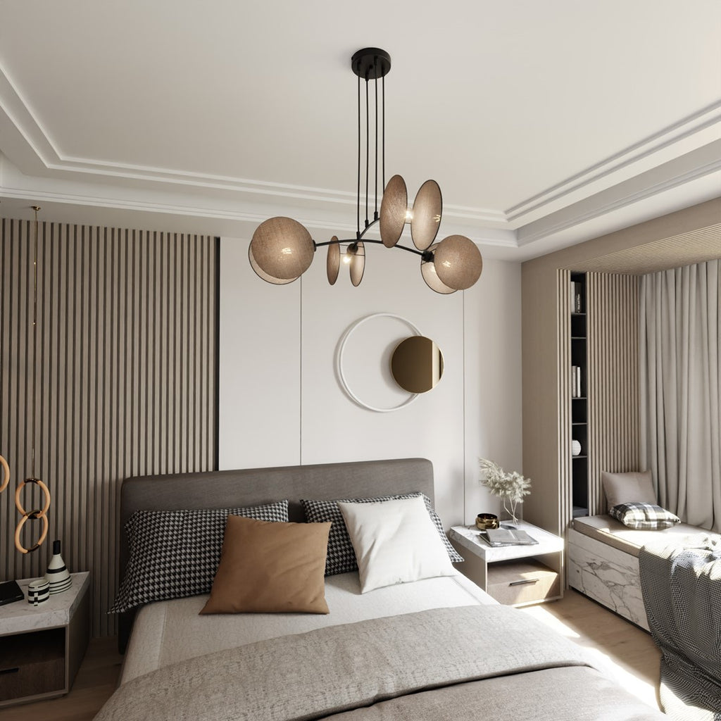 Hanglamp gepoedercoat staal en stof Motief boho, zwart met beige kappen, 4 fittingen E27, 82 x 100 cm