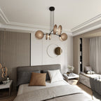 Hanglamp gepoedercoat staal en stof Motief boho, zwart met beige kappen, 4 fittingen E27, 82 x 100 cm