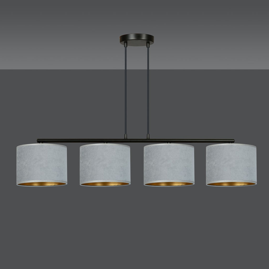 Hanglamp gepoedercoat staal en stof Hilde, grijs met zwart frame, 4 kappen Ø 20 cm – 97 x 100 cm