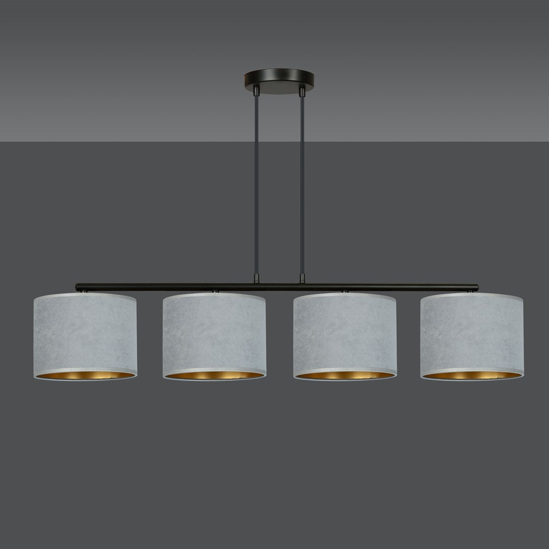 Hanglamp gepoedercoat staal en stof Hilde, grijs met zwart frame, 4 kappen Ø 20 cm – 97 x 100 cm