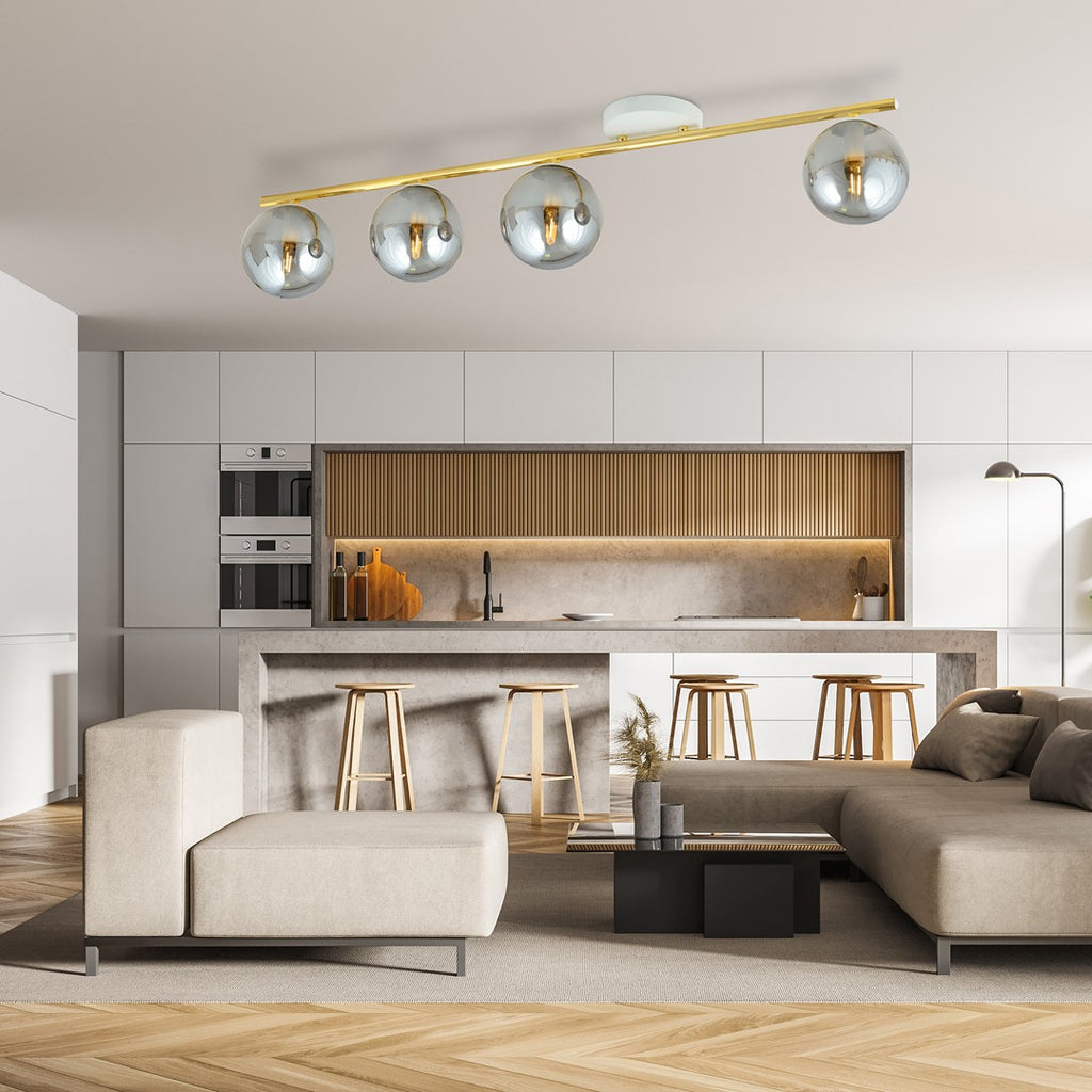 Plafondlamp Monza gepoedercoat staal en glas, modern, wit en goud met grafiet kappen, 4 lichts, E14 – 100 cm