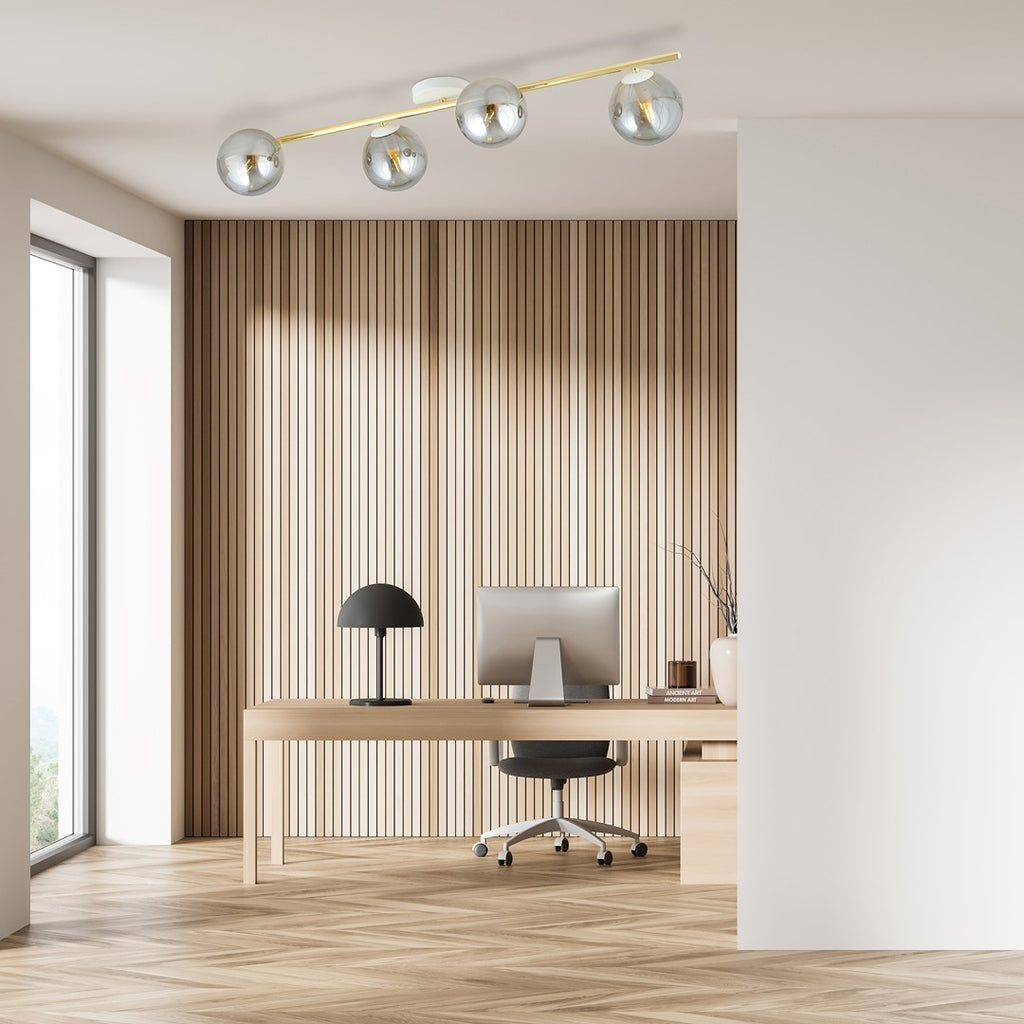 Plafondlamp staal en glas Splendi, goud met wit en grafiet, 4 fittingen E14 – 100 cm breed