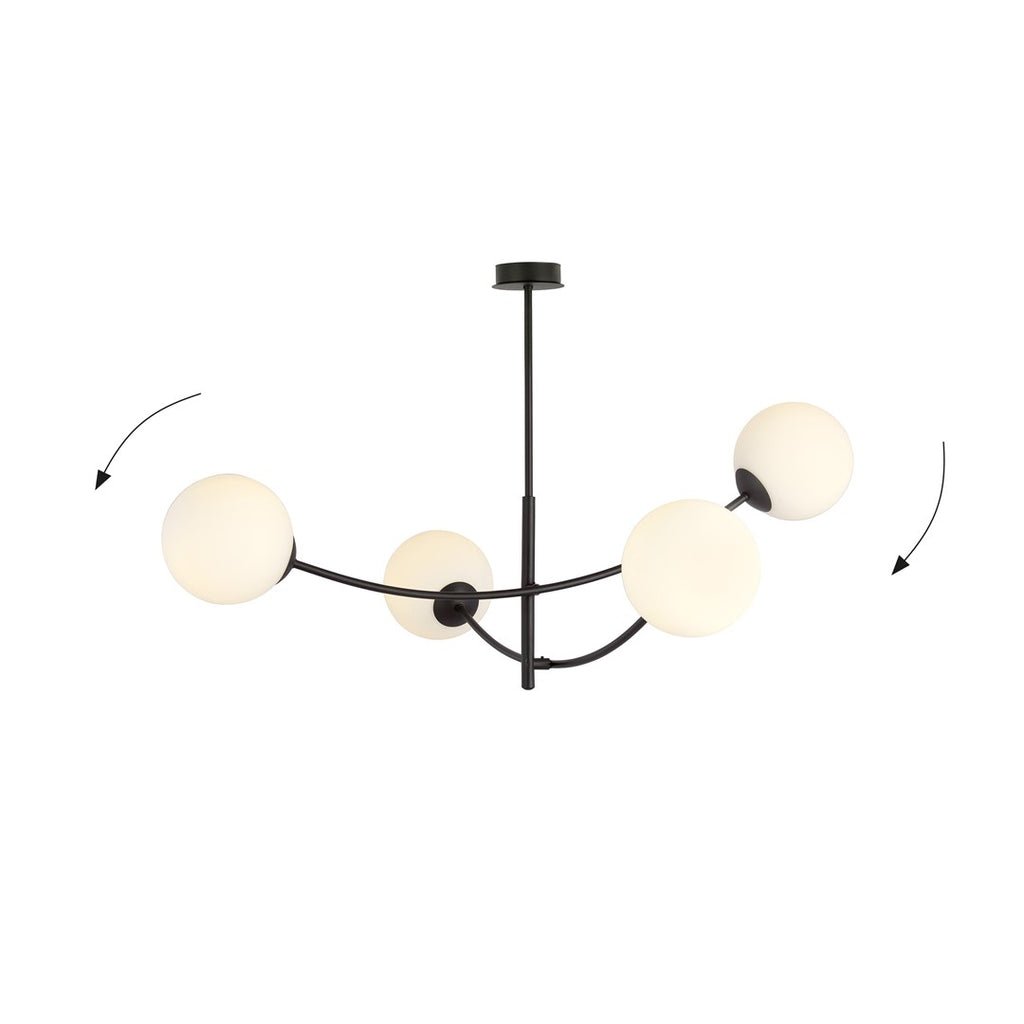 Plafondlamp gepoedercoat staal en glas Hunter, modern, zwart met witte kappen, 4 lichtpunten E14