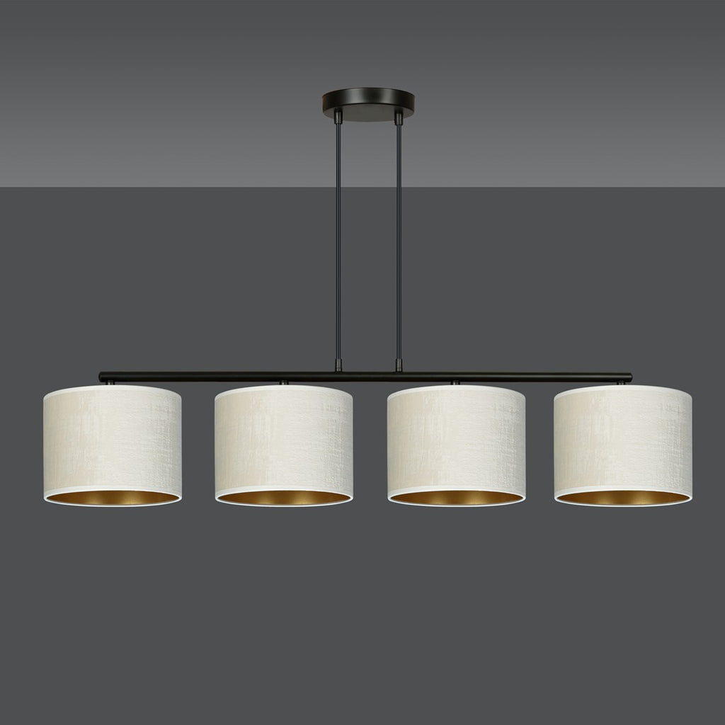 Hanglamp gepoedercoat staal Hilde 4 kappen, wit met goudkleurige binnenzijde, zwart frame, 97 x 100 cm, eetkamer