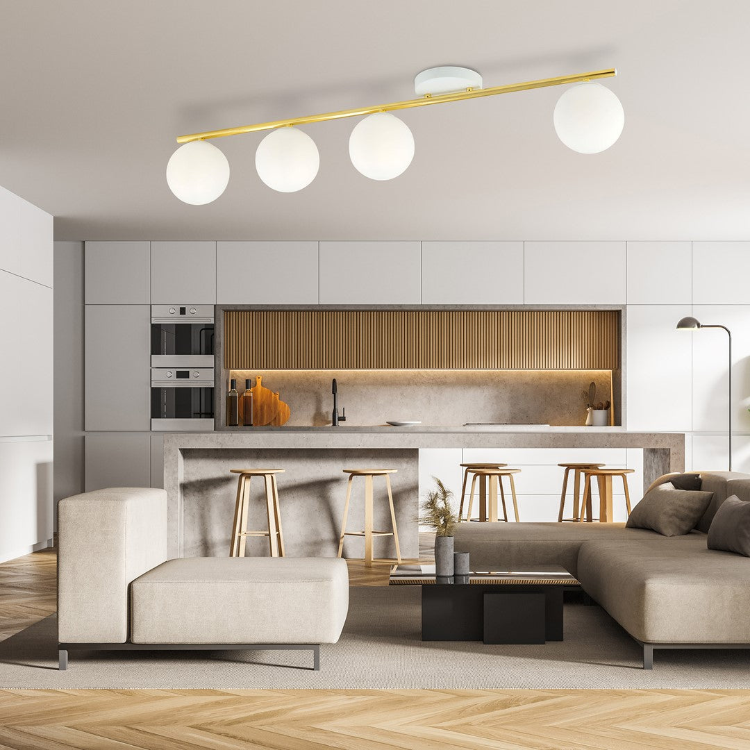 Plafondlamp Monza 4 lichts gepoedercoat staal en glas, wit met goud, modern – 100 cm breed