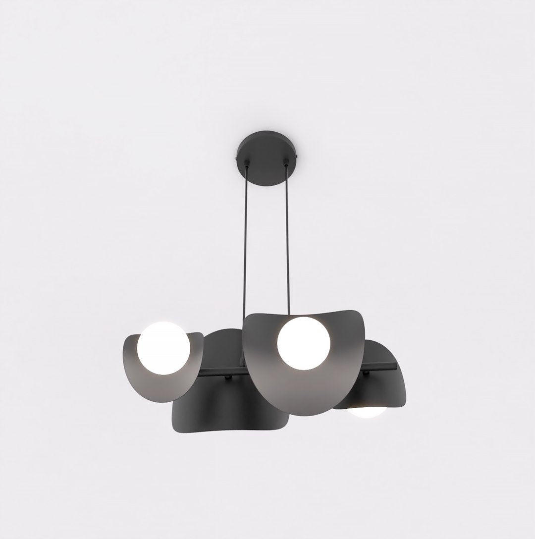 Hanglamp gepoedercoat staal modern Elementi 4 zwart met witte kappen, 4 lichtpunten – 54 x 23 x 120 cm, eettafel