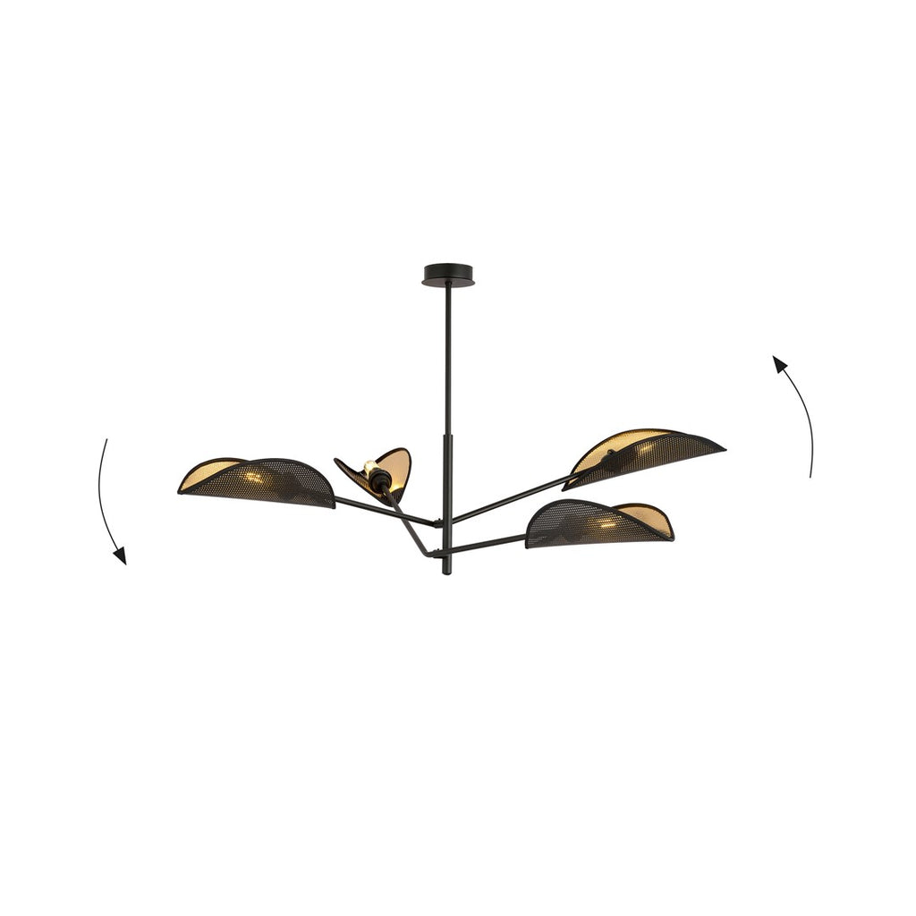Plafondlamp gepoedercoat staal Vene zwart goud, 4 lichts, 102 x 51 cm, woonkamer en slaapkamer