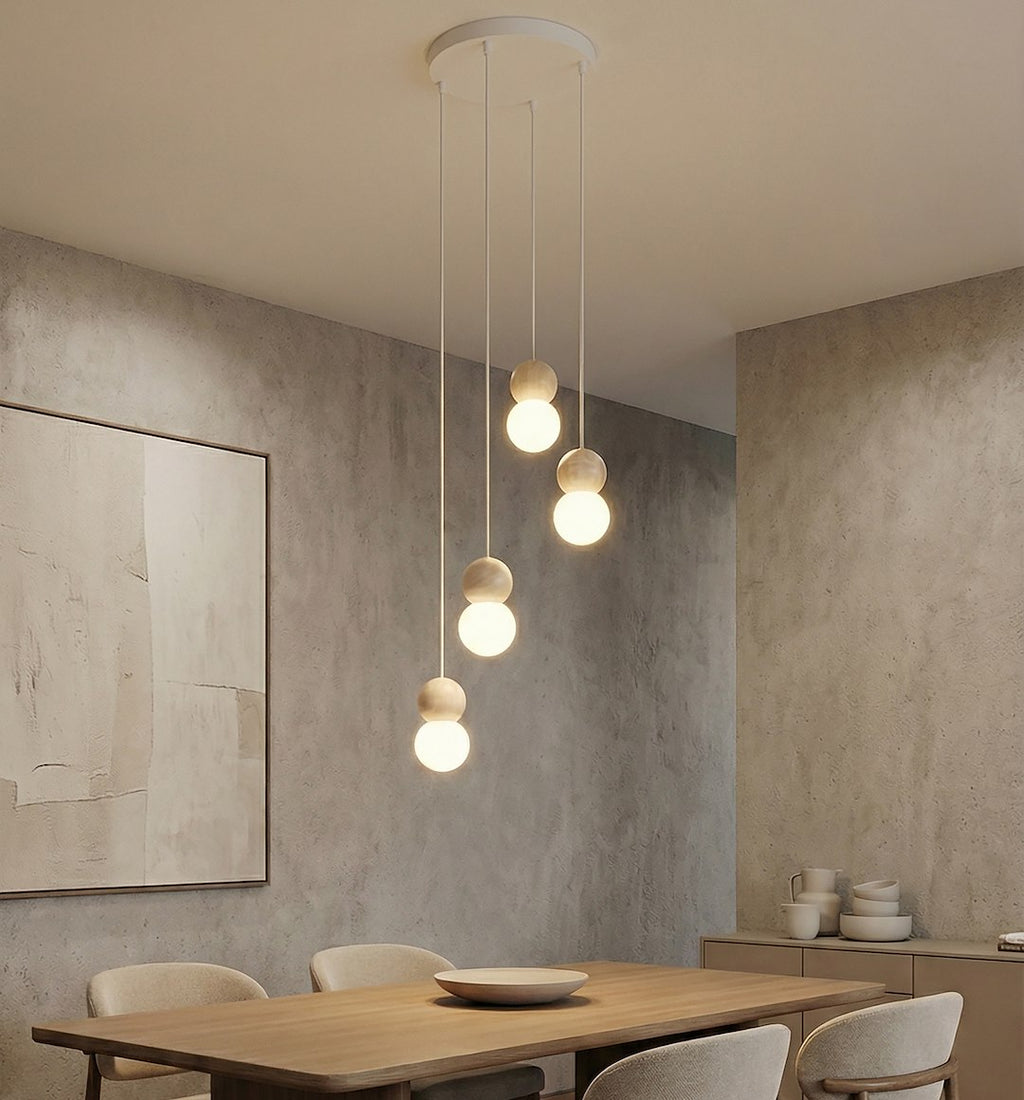 Hanglamp gepoedercoat staal en hout, Scandinavisch Loop, wit, 4 fittingen G9, kap Ø 10 cm, voor eettafel of keukeneiland