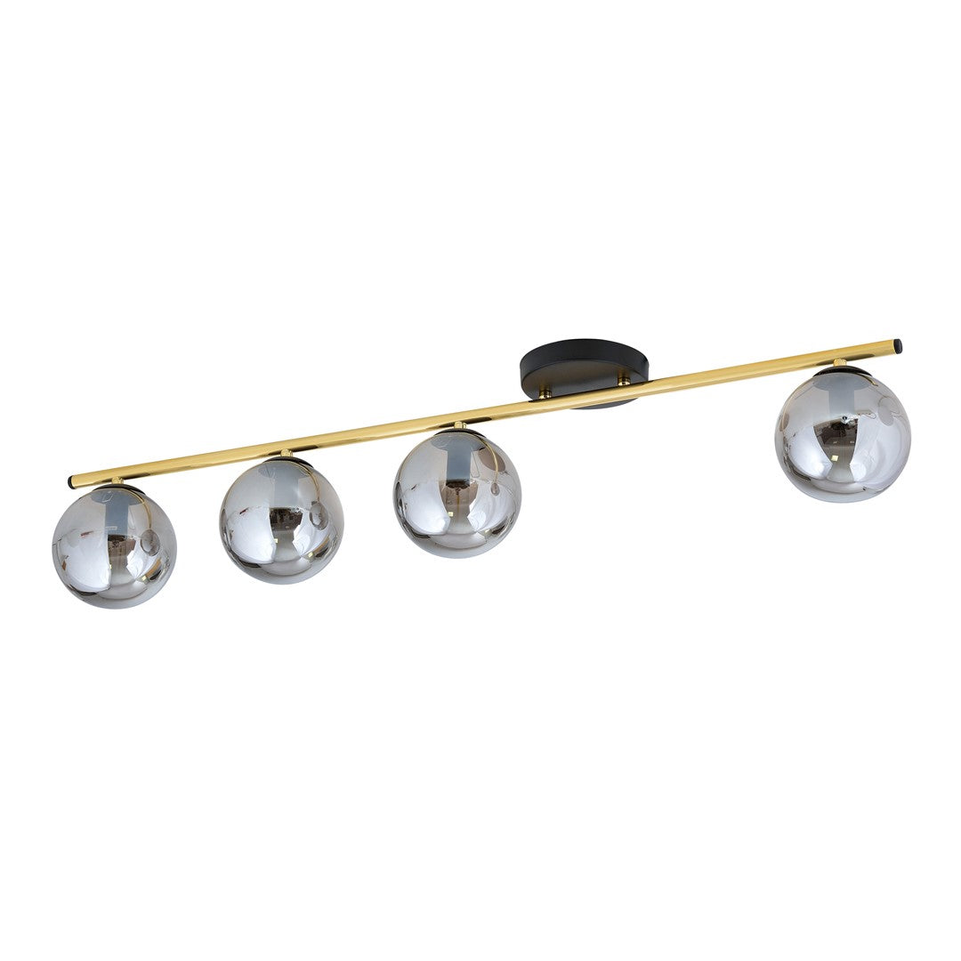 Plafondlamp gepoedercoat staal en glas Monza, zwart en goud met grafiet kappen, 4 lichts, 100 cm breed
