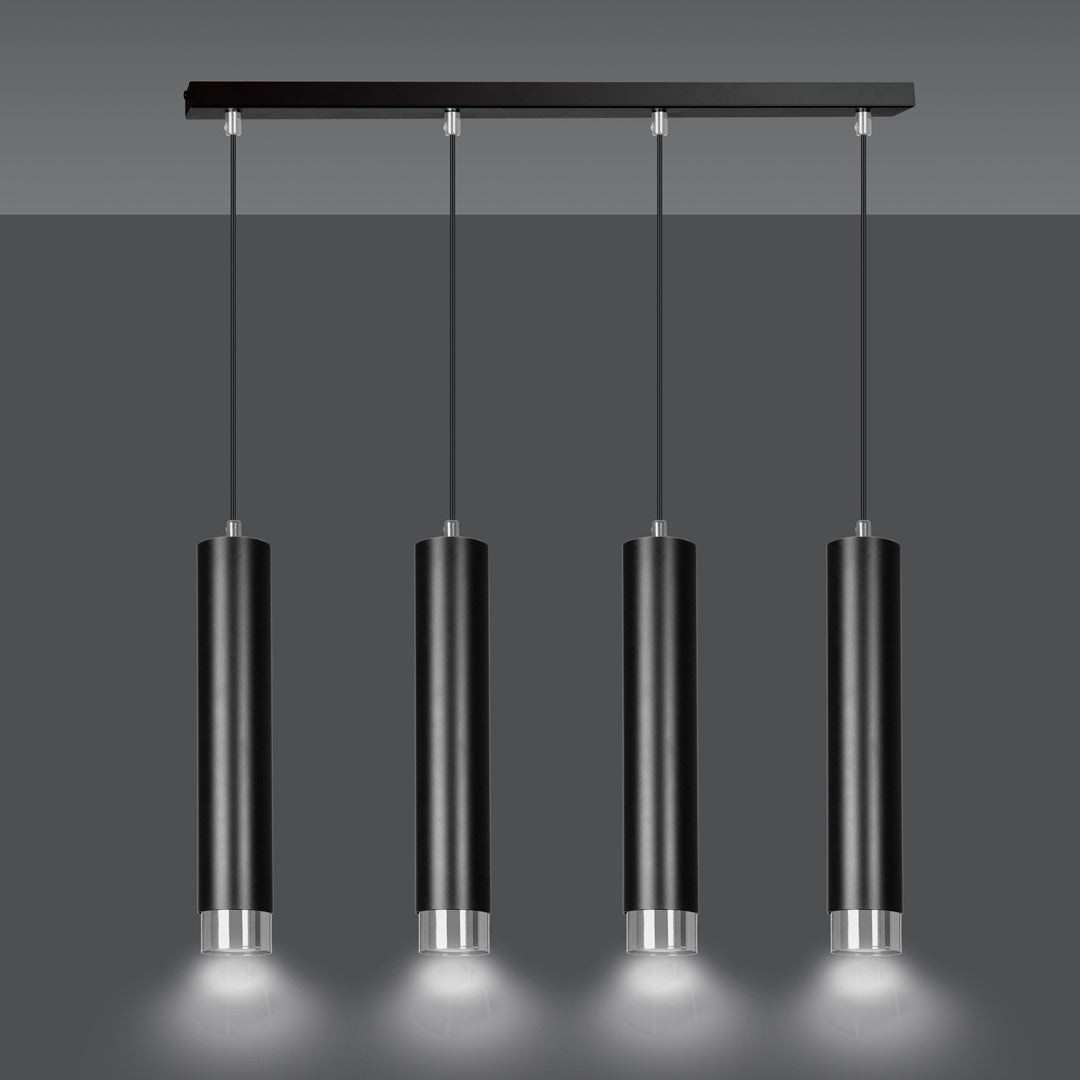 Hanglamp 4-lichts gepoedercoat staal Kibo, zwart met chroom, 60 cm breed, hoogte verstelbaar, eettafel en keuken