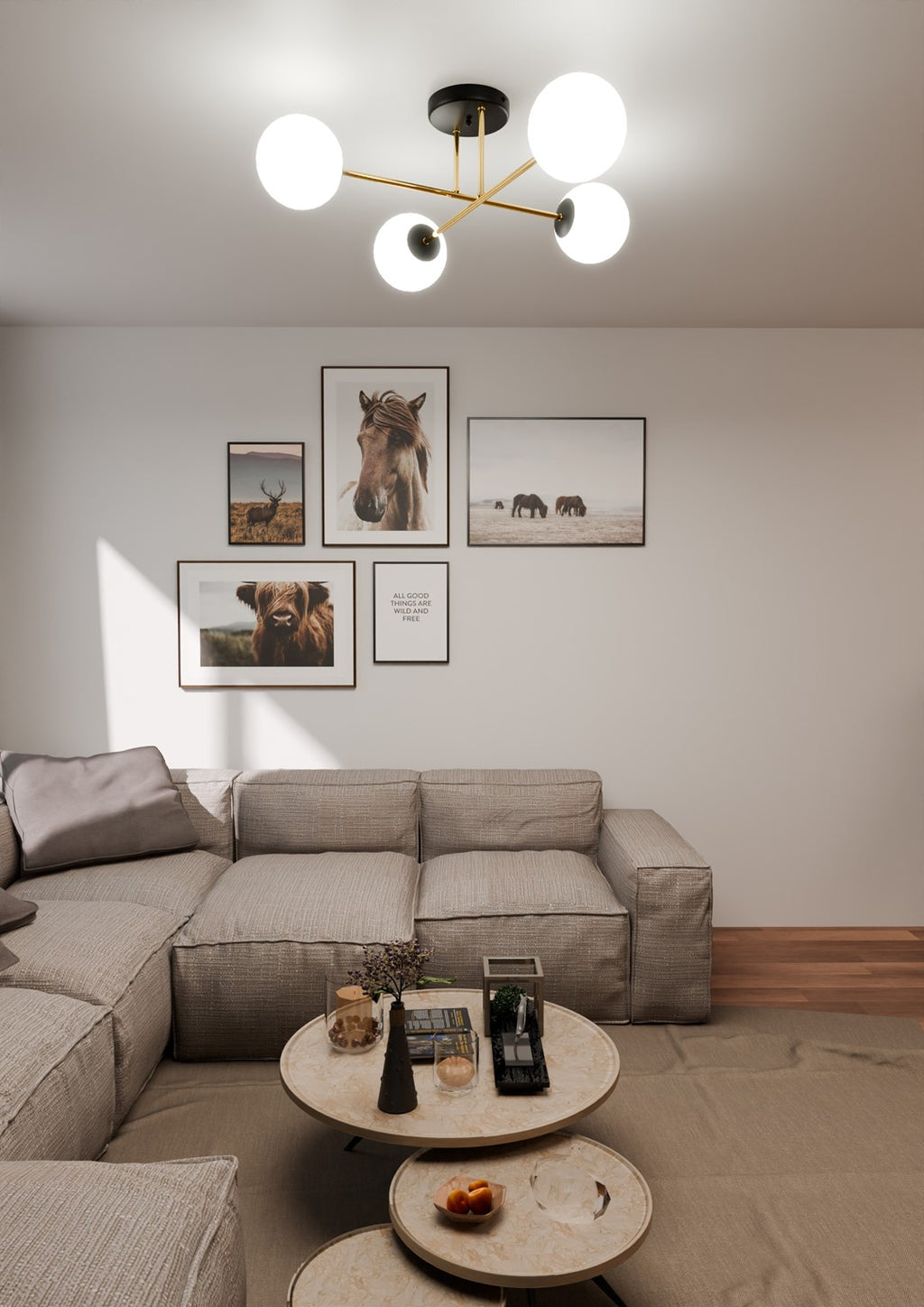 Plafondlamp Magnum gepoedercoat staal en glas, glamour, zwart en goud met witte kappen, 4 lichts, E14
