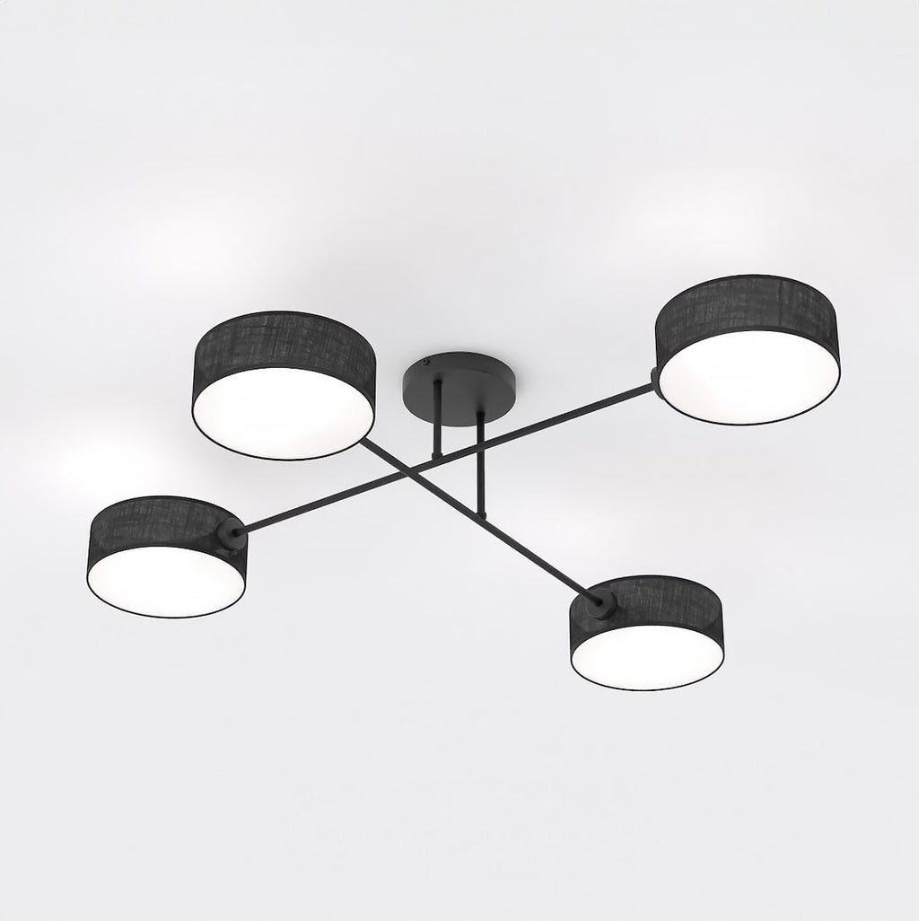 Plafondlamp staal Japandi Maga zwart met 4 geweven kappen, 96 x 96 cm, woonkamer, eetkamer en slaapkamer