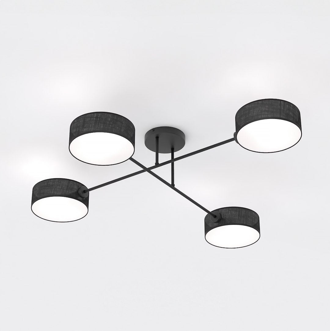 Plafondlamp staal Japandi Maga zwart met 4 geweven kappen, 96 x 96 cm, woonkamer, eetkamer en slaapkamer