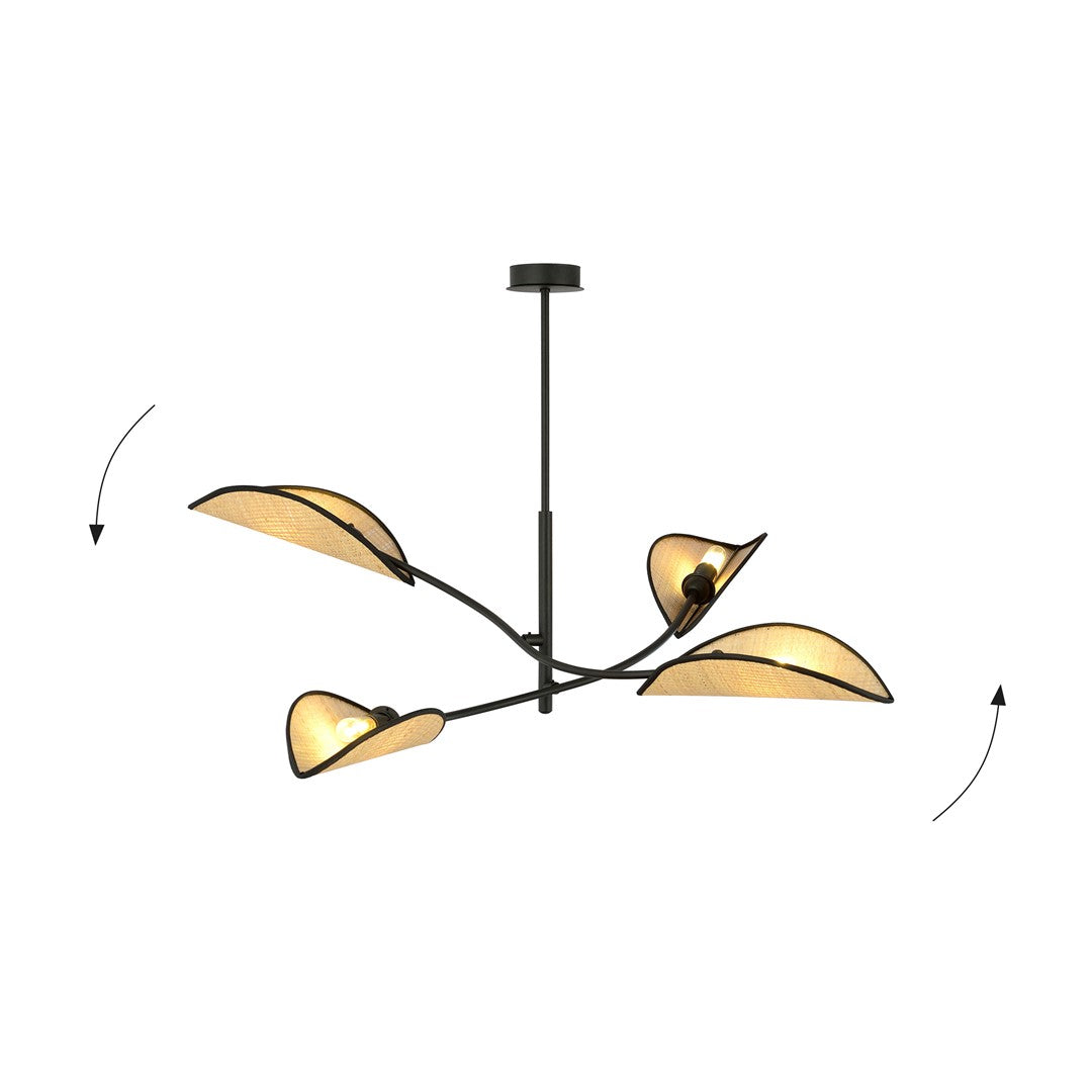 Plafondlamp Lotus gepoedercoat staal en rotan, boho, zwart met naturel kappen, 4 lichtpunten, 102 x 51 cm