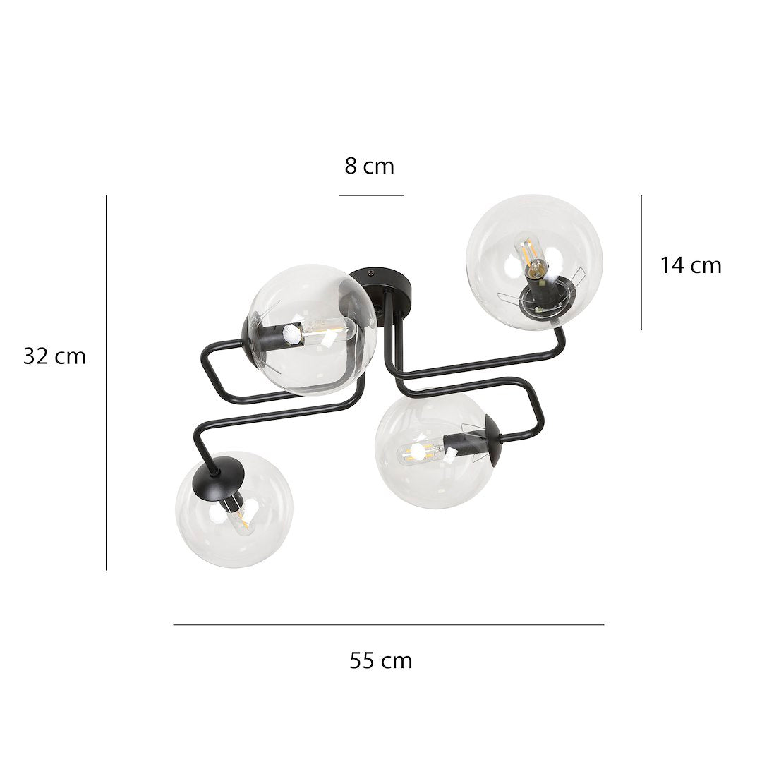 Plafondlamp gepoedercoat staal en glas Brendi 4 lichts, zwart met transparante glazen kappen, 55 x 32 cm