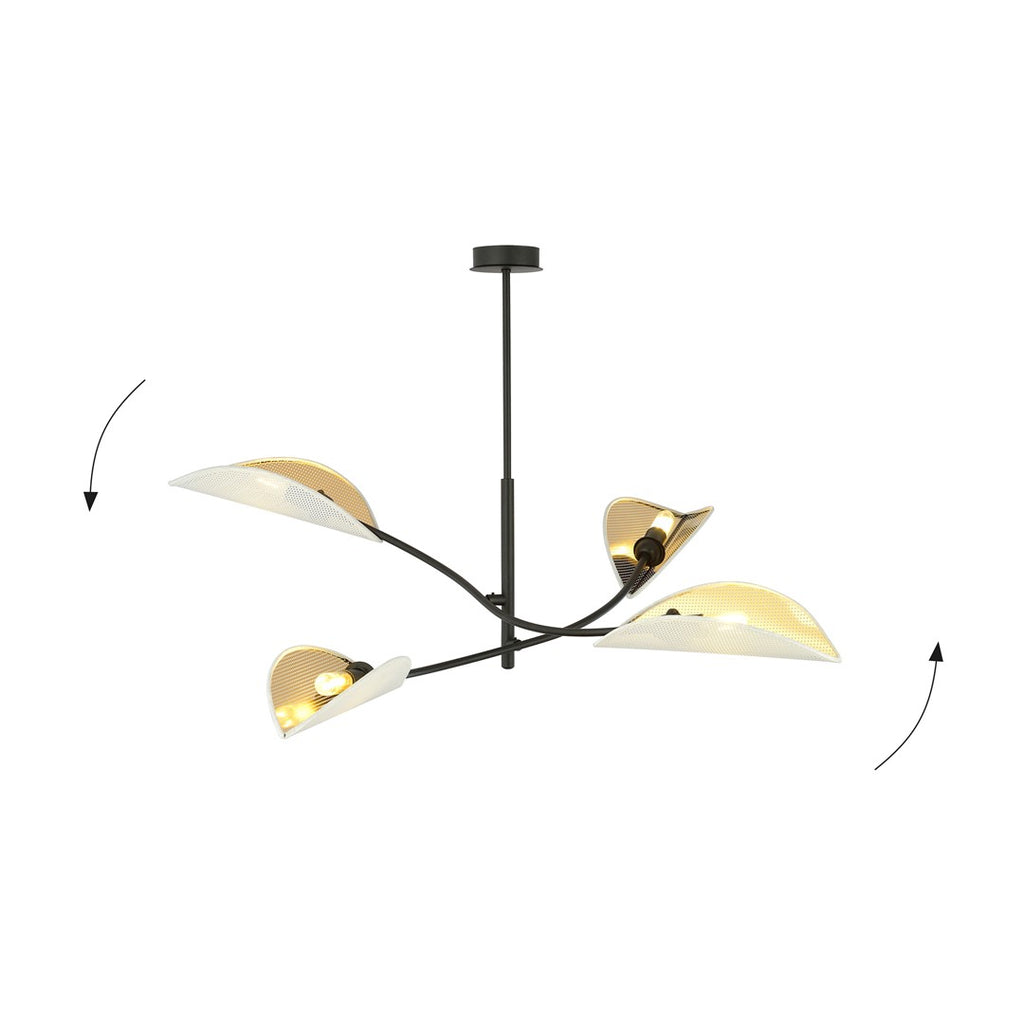 Plafondlamp Lotus gepoedercoat staal met stoffen kappen, zwart, wit en goud, 4 lichts, 102 x 51 cm, woonkamer