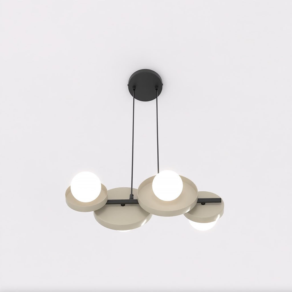 Hanglamp gepoedercoat staal minimalistisch mokka met witte kapjes, 4 lichtpunten G9, eetkamer en kookeiland