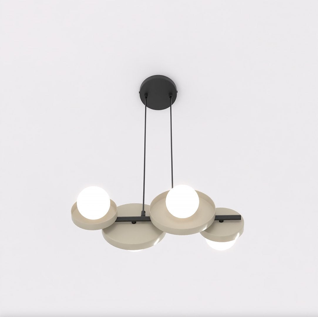 Hanglamp gepoedercoat staal minimalistisch mokka met witte kapjes, 4 lichtpunten G9, eetkamer en kookeiland