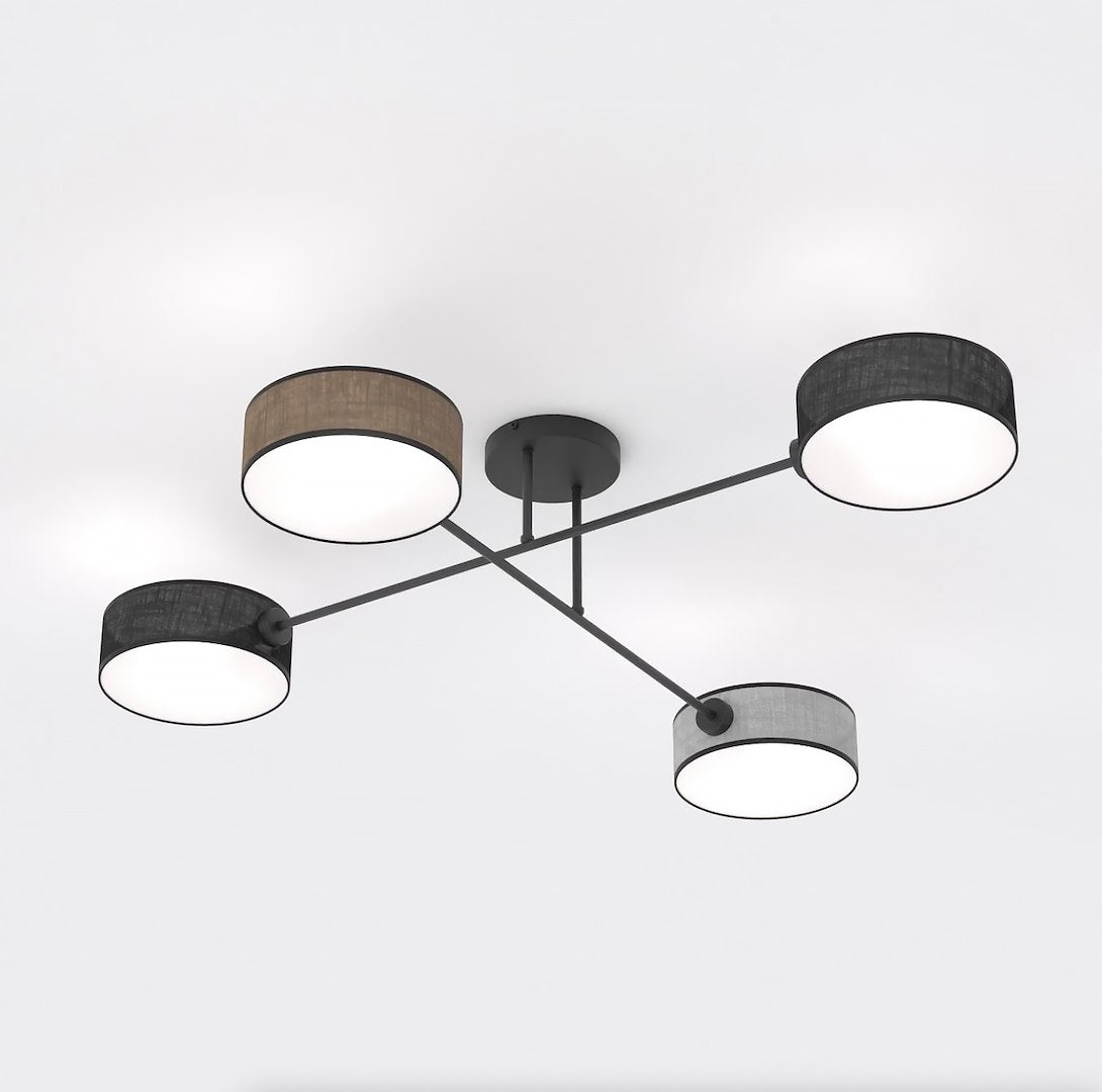 Plafondlamp gepoedercoat staal Japandi Maga 4 zwart, bruin en grijs geweven kappen 96 x 96 cm, woonkamer