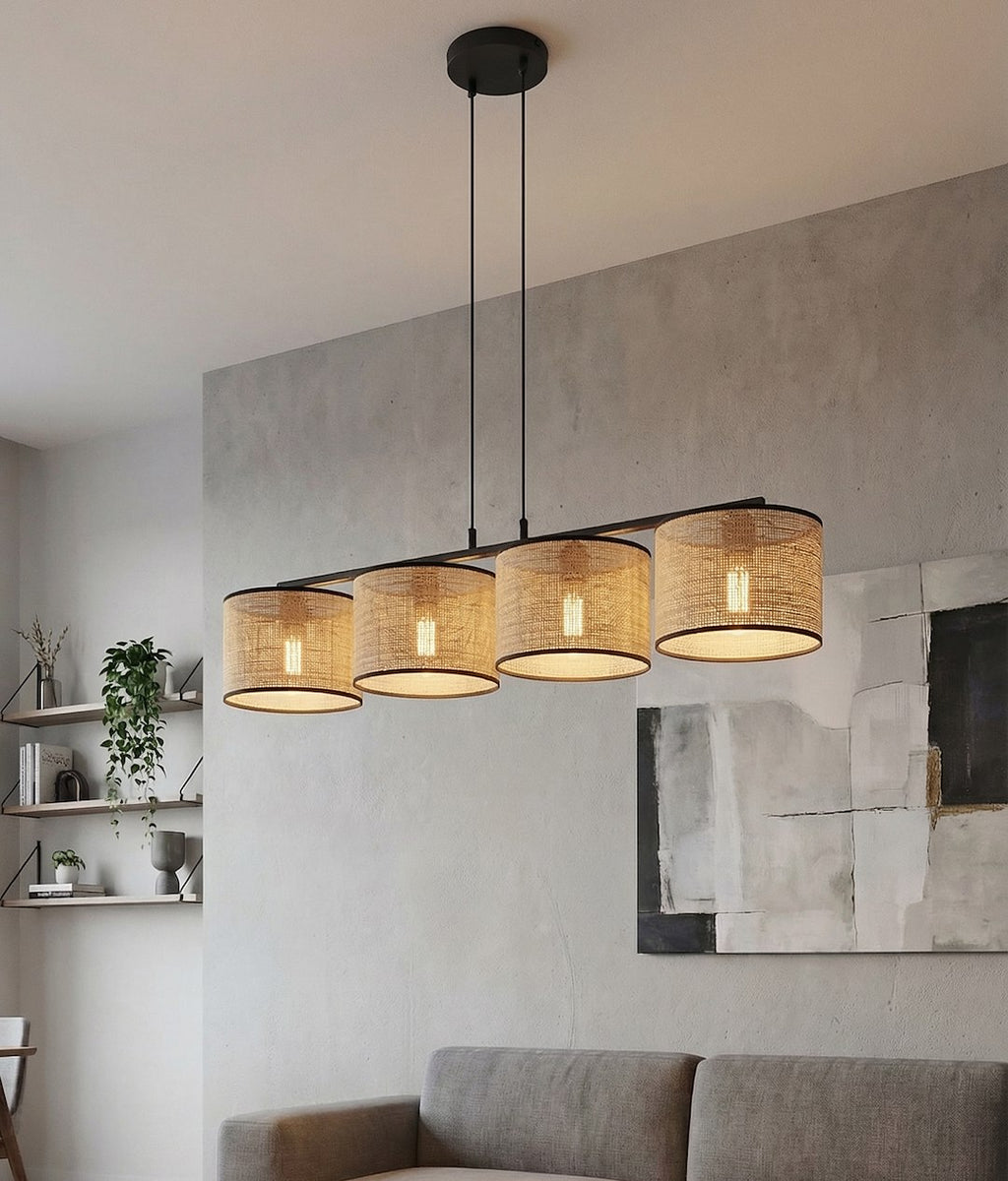 Hanglamp 4 lichts gepoedercoat staal en rotan, minimalistisch Eco, zwart, 96 cm breed, voor kookeiland en eettafel