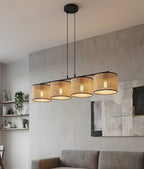 Hanglamp 4 lichts gepoedercoat staal en rotan, minimalistisch Eco, zwart, 96 cm breed, voor kookeiland en eettafel