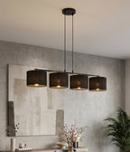 Hanglamp gepoedercoat staal met stoffen kap, Eco, minimalistisch, zwart, 4 lichts, 96 cm breed, voor eettafel of keukeneiland