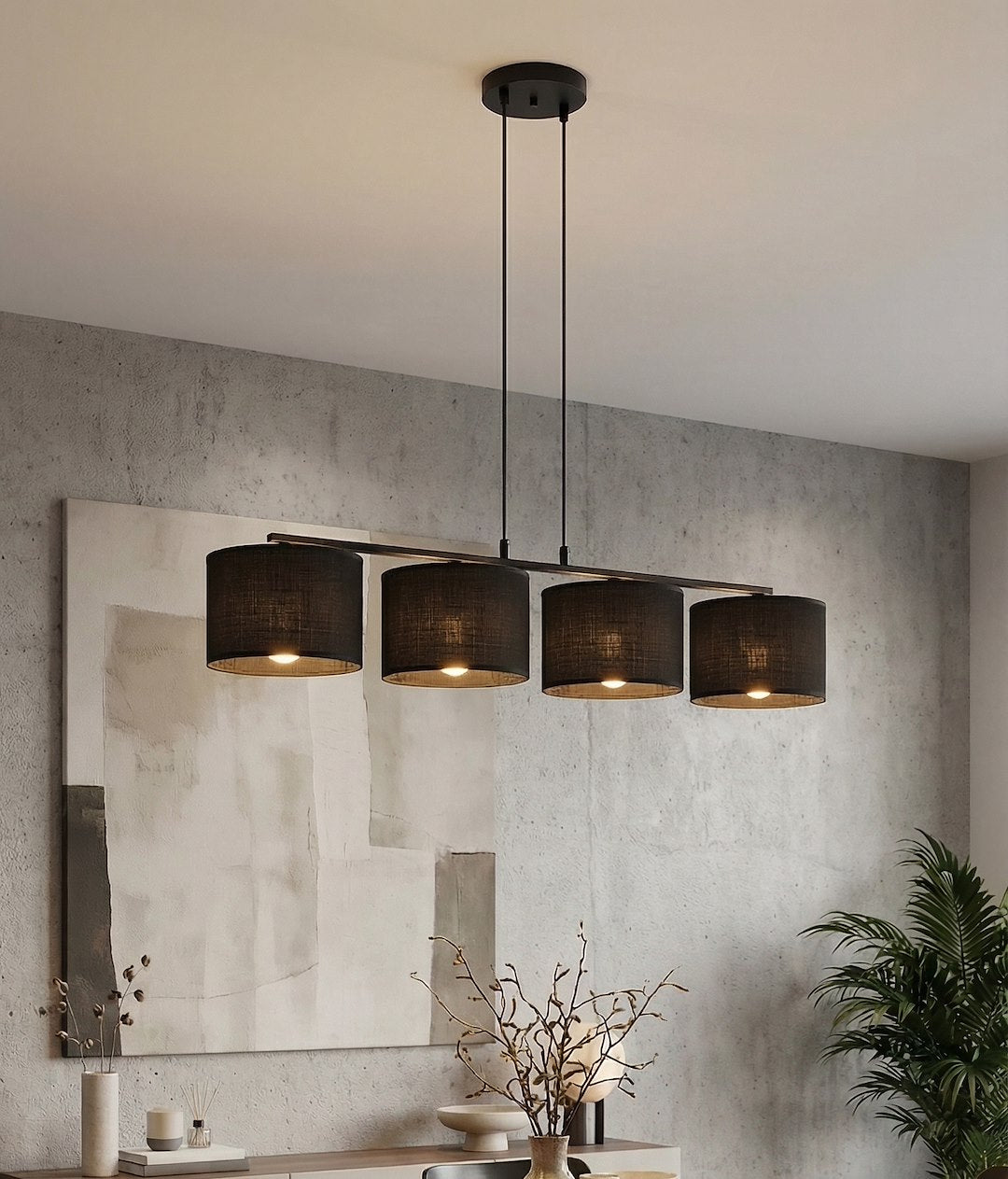 Hanglamp gepoedercoat staal met stoffen kap, Eco, minimalistisch, zwart, 4 lichts, 96 cm breed, voor eettafel of keukeneiland