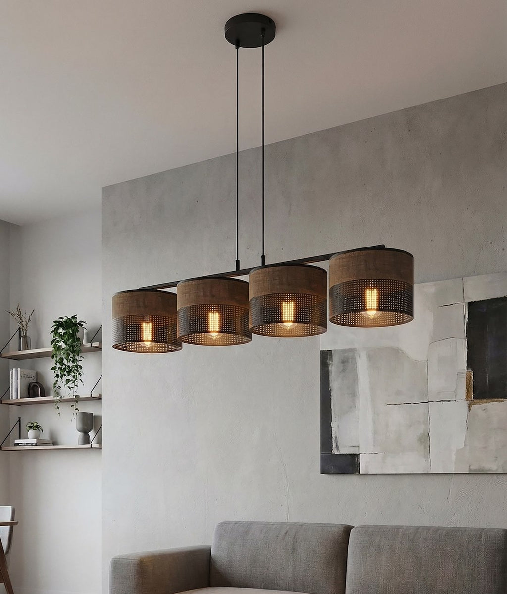 Hanglamp 4 lichts gepoedercoat staal minimalistisch Karbon, zwart met bruine stoffen kappen, 96 cm breed
