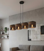 Hanglamp 4 lichts gepoedercoat staal minimalistisch Karbon, zwart met bruine stoffen kappen, 96 cm breed