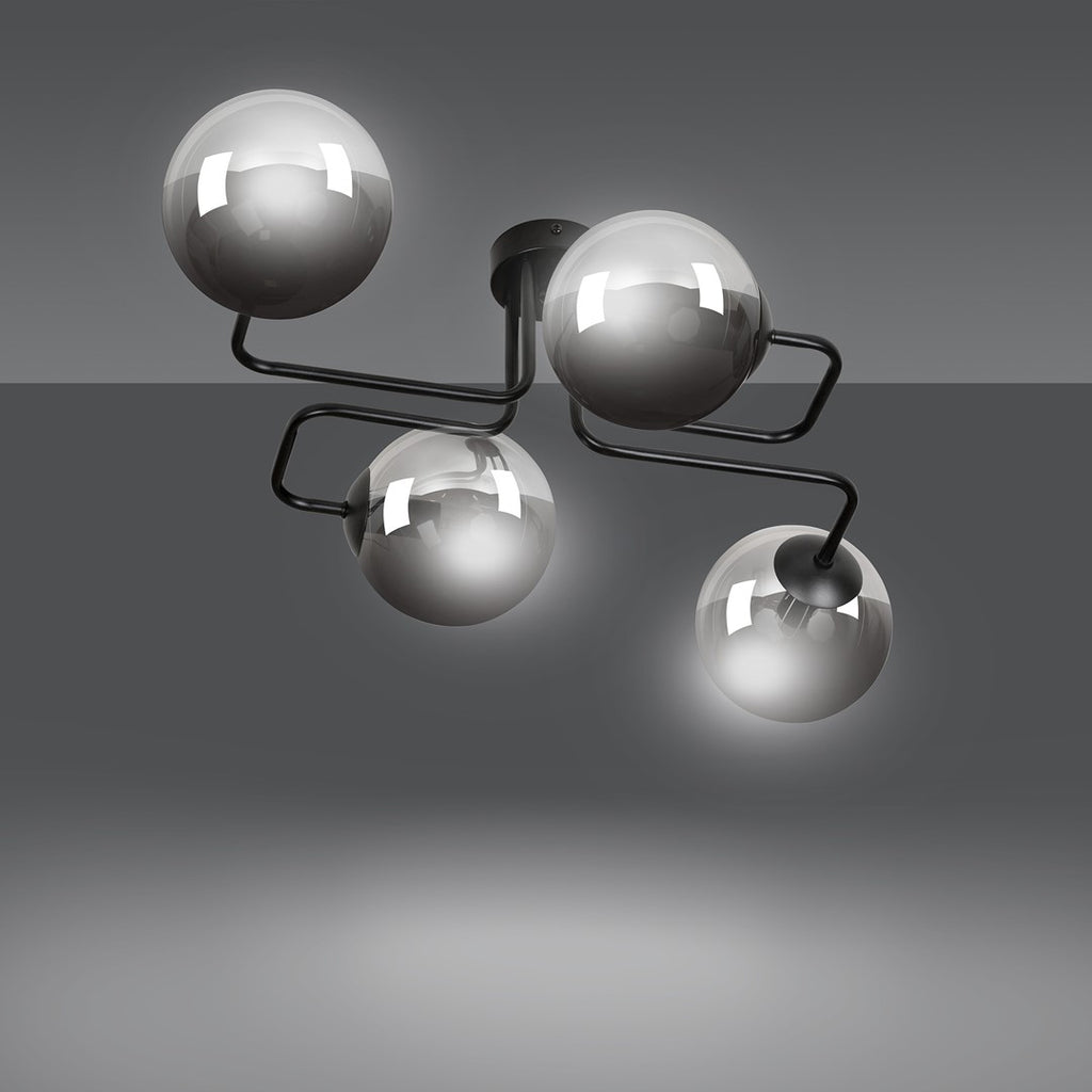 Plafondlamp gepoedercoat staal en glas Brendi, zwart met grafiet glazen kappen, 4 lichts, 55 x 32 cm