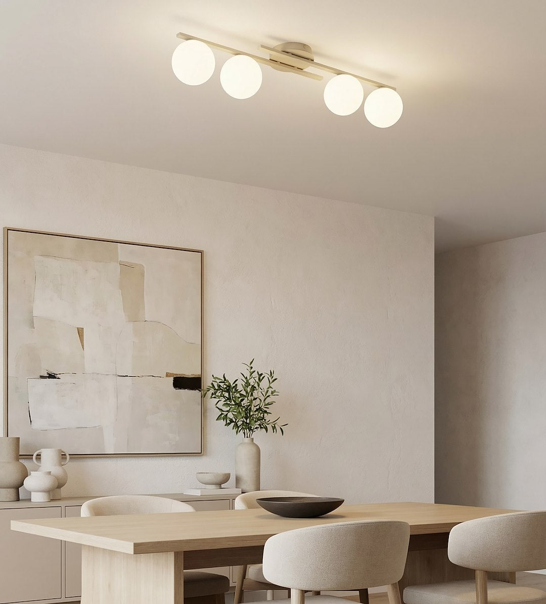 Plafondlamp gepoedercoat staal en glas Caïro beige met witte glazen bollen, 4 lichts E14 – 74 x 20 cm