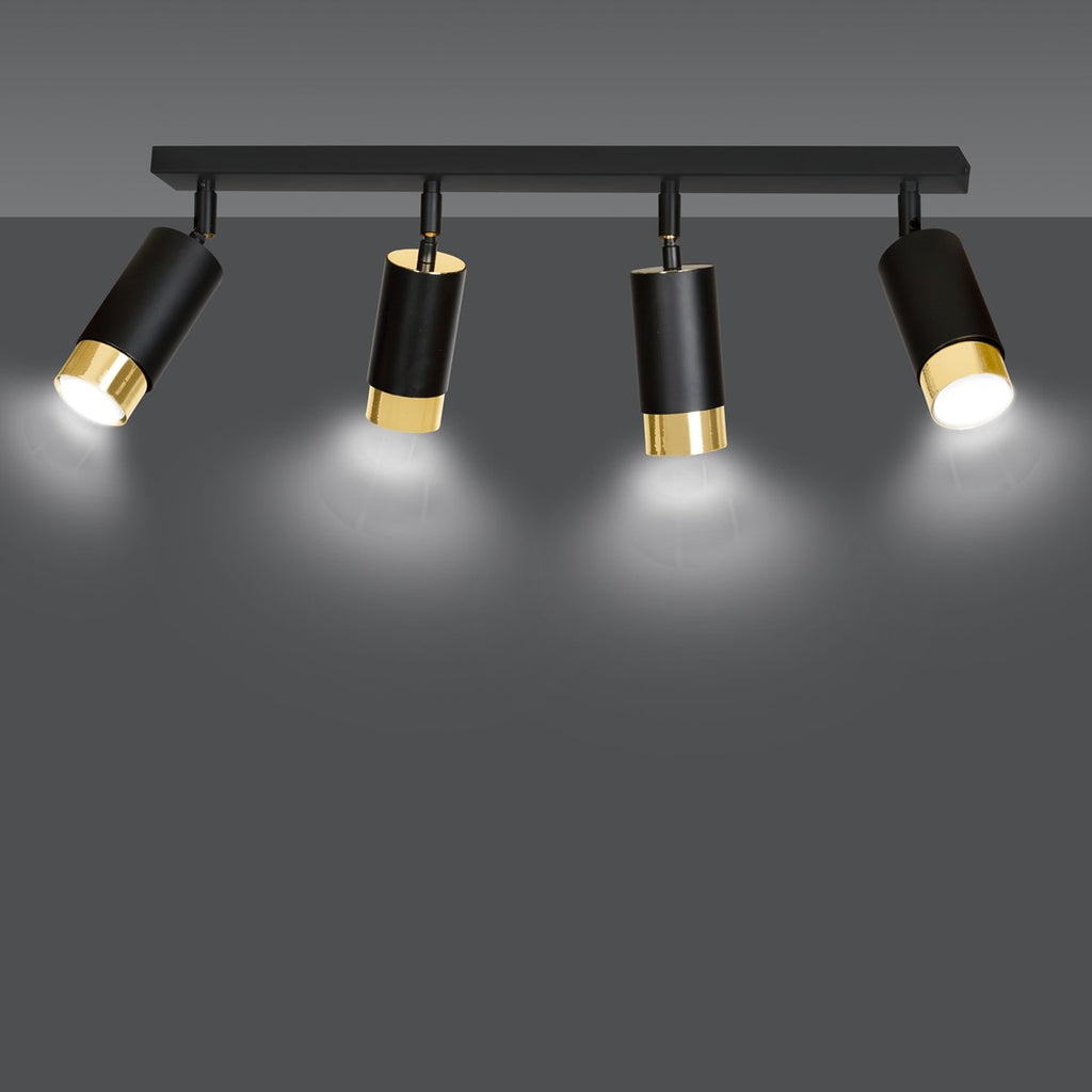 Plafondlamp gepoedercoat staal Hiro zwart en goud, 4 verstelbare spots – 60 cm breed