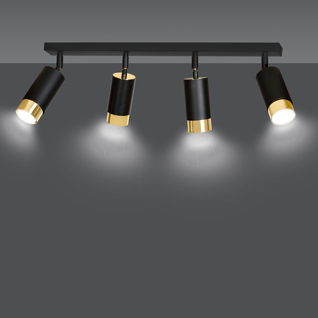 Plafondlamp gepoedercoat staal Hiro zwart en goud, 4 verstelbare spots – 60 cm breed