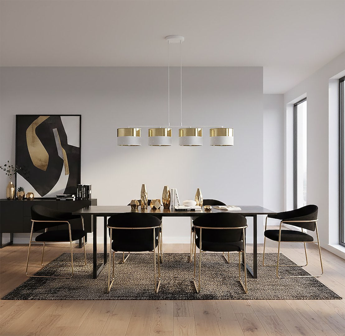 Hanglamp gepoedercoat staal Lux modern wit en goud, 4 fittingen E27, breedte 96 cm, voor eettafel of kookeiland