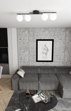 Plafondlamp gepoedercoat staal modern, zwart met 4 witte bolkappen Ø 14 cm, 87 x 29 x 19 cm, E14, woonkamer en slaapkamer