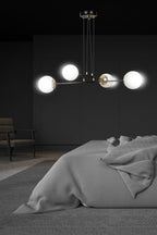 Hanglamp Ognis gepoedercoat staal en glas, glamour, zwart met witte glazen kappen, 4 lichts E27, 75 x 100 cm
