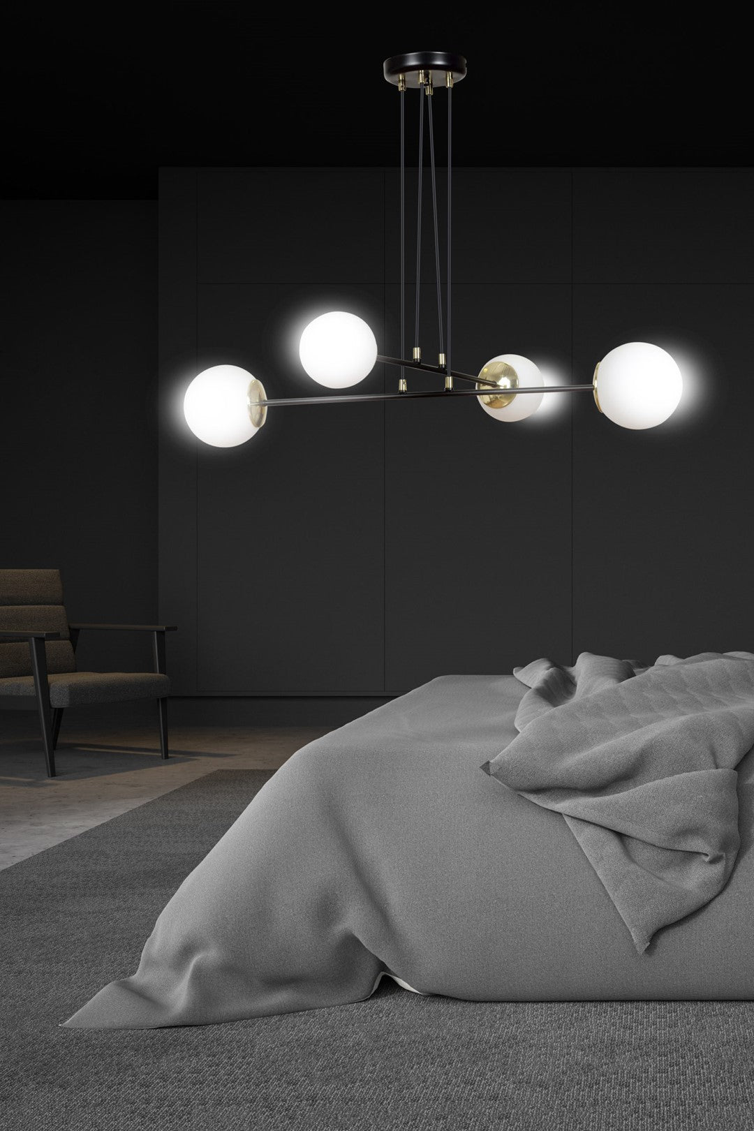 Hanglamp Ognis gepoedercoat staal en glas, glamour, zwart met witte glazen kappen, 4 lichts E27, 75 x 100 cm