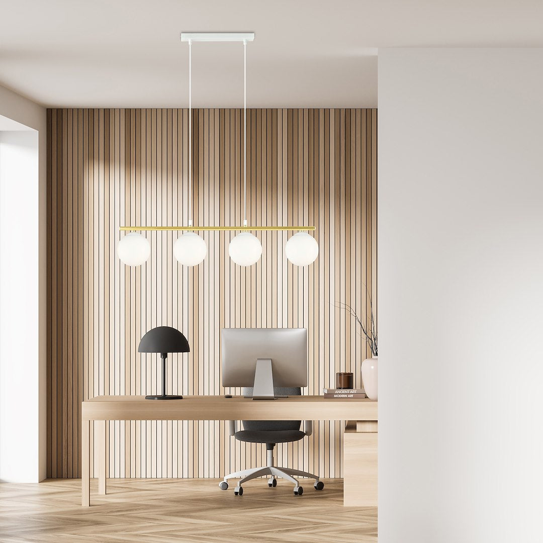 Hanglamp 4 lichts gepoedercoat staal en opaalglas, Allora, wit en goud – 85 x 100 cm, eettafel en woonkamer