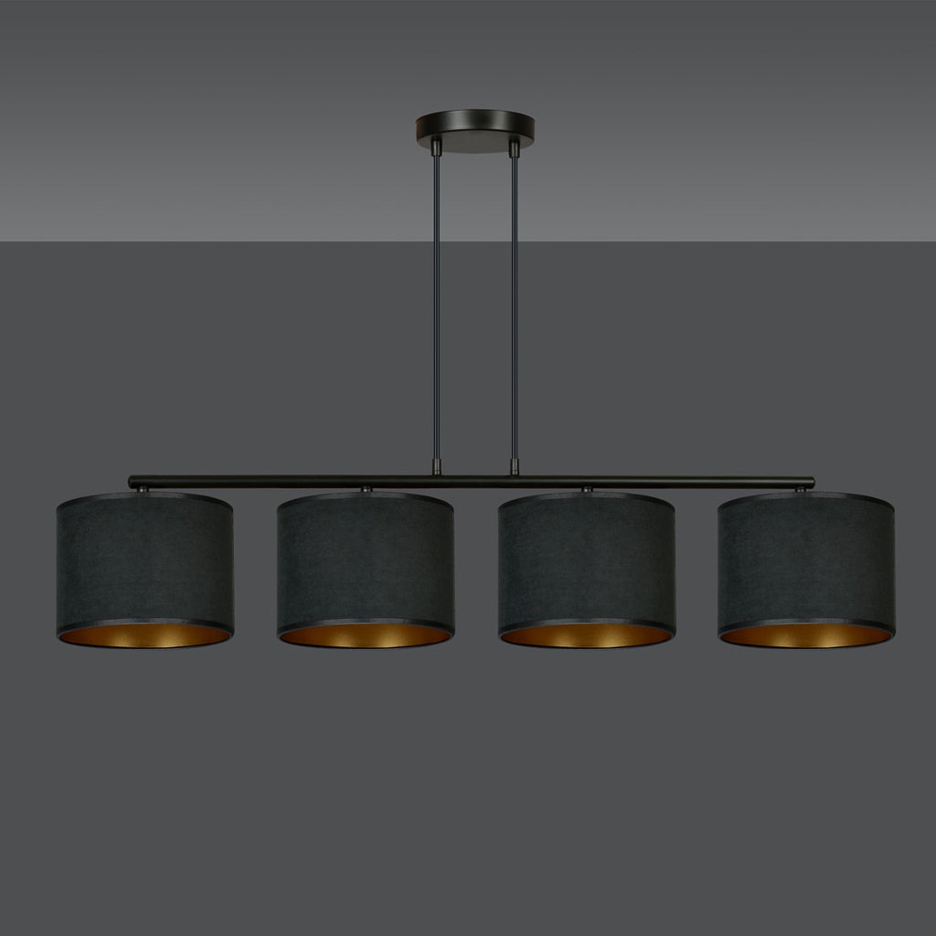 Hanglamp gepoedercoat staal en stof Hilde zwart met gouden binnenkant, 4 kappen Ø 20 cm, eettafel
