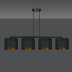 Hanglamp gepoedercoat staal en stof Hilde zwart met gouden binnenkant, 4 kappen Ø 20 cm, eettafel