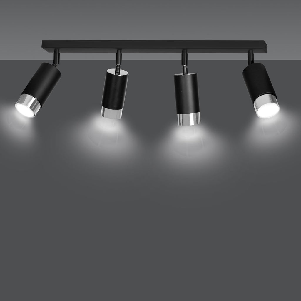 Plafondlamp gepoedercoat staal modern Hiro zwart zilver, 4 verstelbare spots, breedte 60 cm, voor hal en keuken