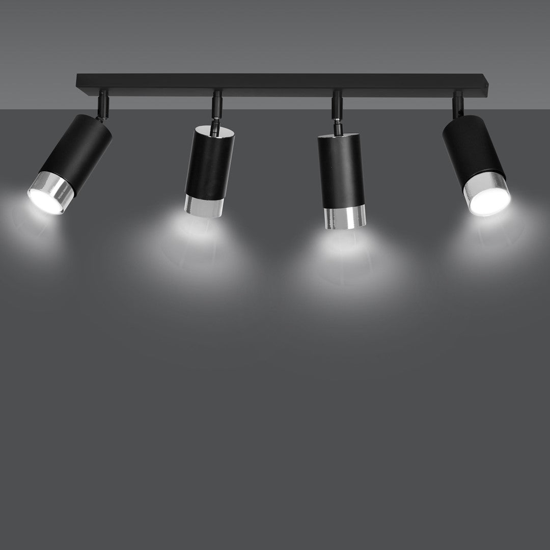 Plafondlamp gepoedercoat staal modern Hiro zwart zilver, 4 verstelbare spots, breedte 60 cm, voor hal en keuken
